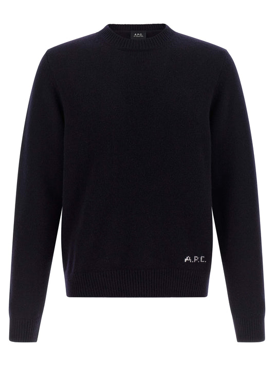 Cardigan by A.P.C. for men in wool navy & jacquard features a dramatic silhouette, showcasing a sophisticated and dramatic detail for a timeless, premium look.