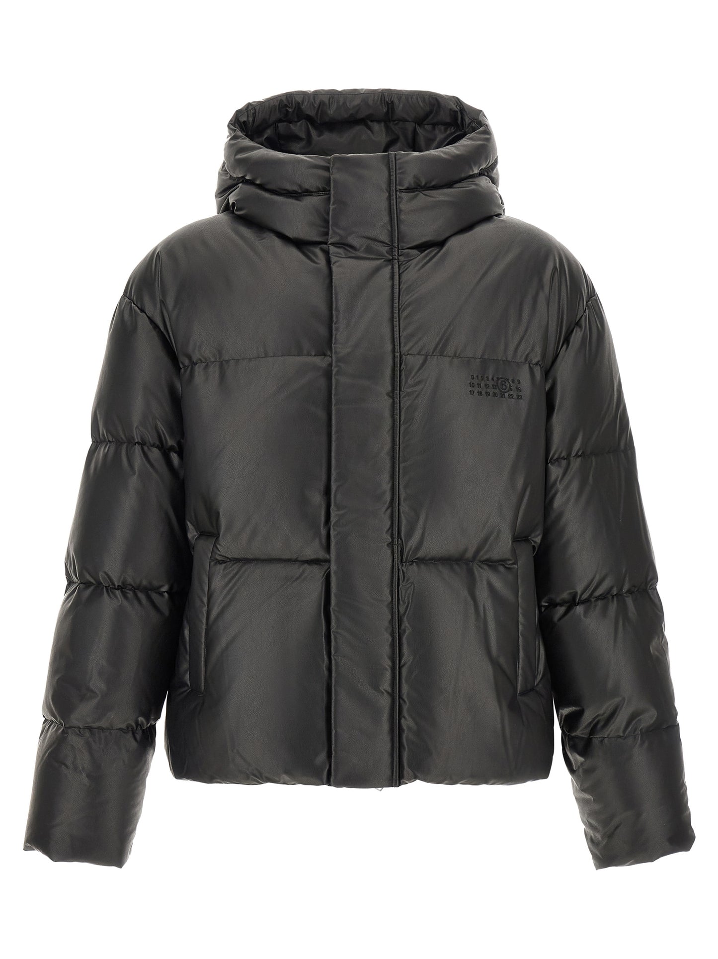 Hooded Puffer Jacket by MM6 Maison Margiela for men in polyester & viscose black, white & signature showcases a bohemian silhouette, artfully detailed with a bohemian hooded neckline and signature hooded & insulated for a truly bohemian finish.