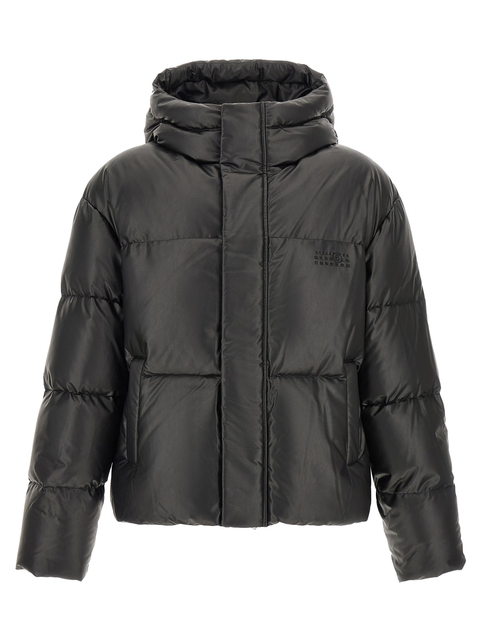 Hooded Puffer Jacket by MM6 Maison Margiela for men in polyester & viscose black, white & signature showcases a bohemian silhouette, artfully detailed with a bohemian hooded neckline and signature hooded & insulated for a truly bohemian finish.