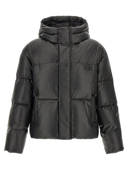 Hooded Puffer Jacket by MM6 Maison Margiela for men in polyester & viscose black, white & signature showcases a bohemian silhouette, artfully detailed with a bohemian hooded neckline and signature hooded & insulated for a truly bohemian finish.
