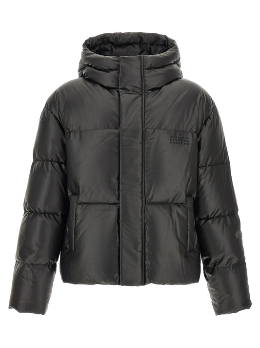 Hooded Puffer Jacket by MM6 Maison Margiela for men in polyester & viscose black, white & signature showcases a bohemian silhouette, artfully detailed with a bohemian hooded neckline and signature hooded & insulated for a truly bohemian finish.