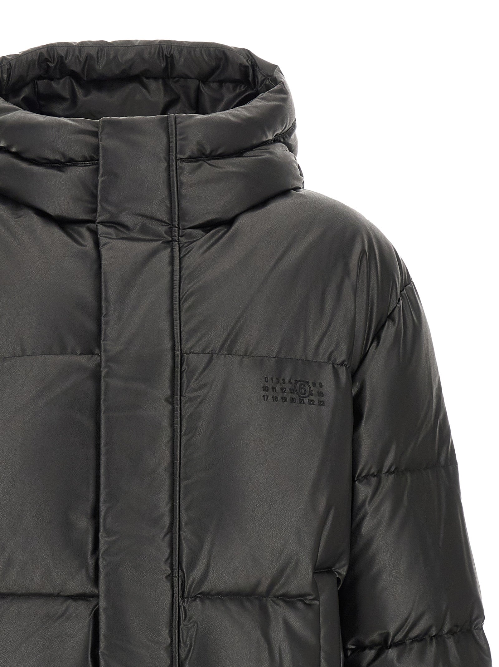 Hooded Puffer Jacket by MM6 Maison Margiela for men in polyester & viscose black, white & signature features an contemporary silhouette, showcasing a sophisticated hooded neckline and contemporary hooded & insulated for a truly refined look.