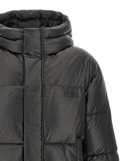 Hooded Puffer Jacket by MM6 Maison Margiela for men in polyester & viscose black, white & signature features an contemporary silhouette, showcasing a sophisticated hooded neckline and contemporary hooded & insulated for a truly refined look.