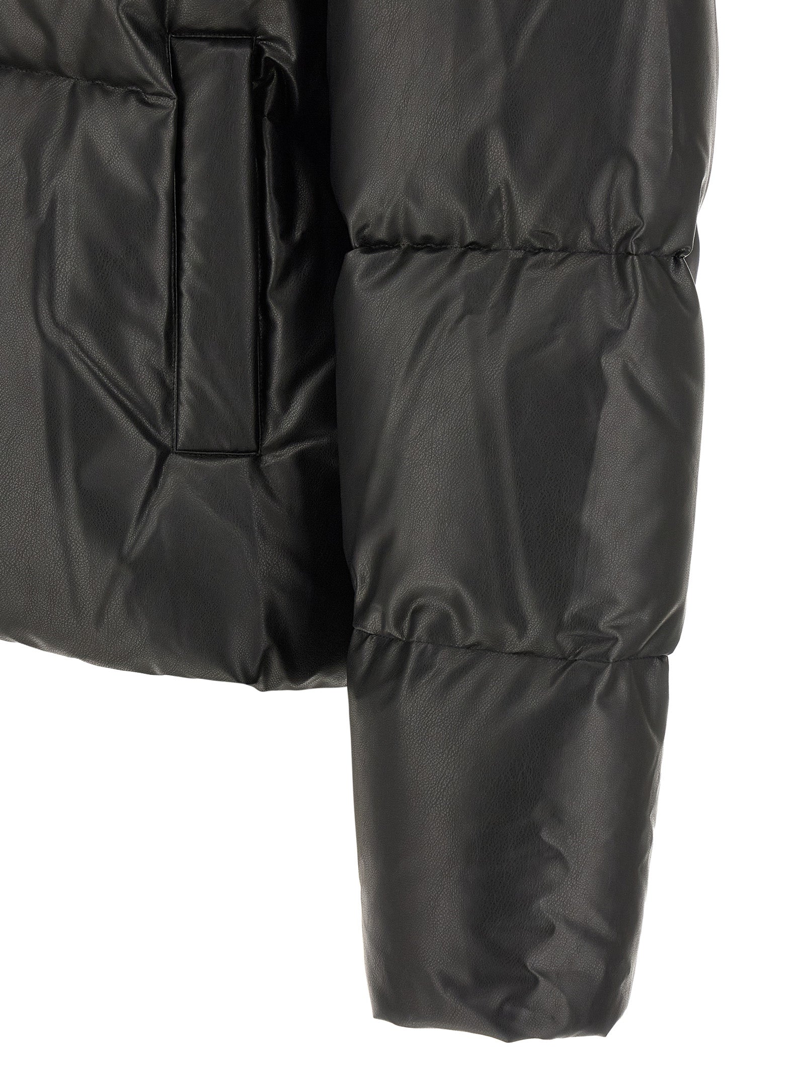 Hooded Puffer Jacket by MM6 Maison Margiela for men in polyester & viscose black, white & signature features a dramatic silhouette, showcasing a sophisticated and distinctive hooded & insulated for a dramatic aesthetic.