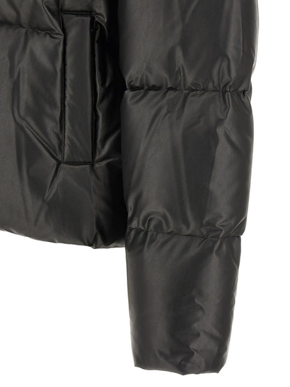 Hooded Puffer Jacket by MM6 Maison Margiela for men in polyester & viscose black, white & signature features a dramatic silhouette, showcasing a sophisticated and distinctive hooded & insulated for a dramatic aesthetic.