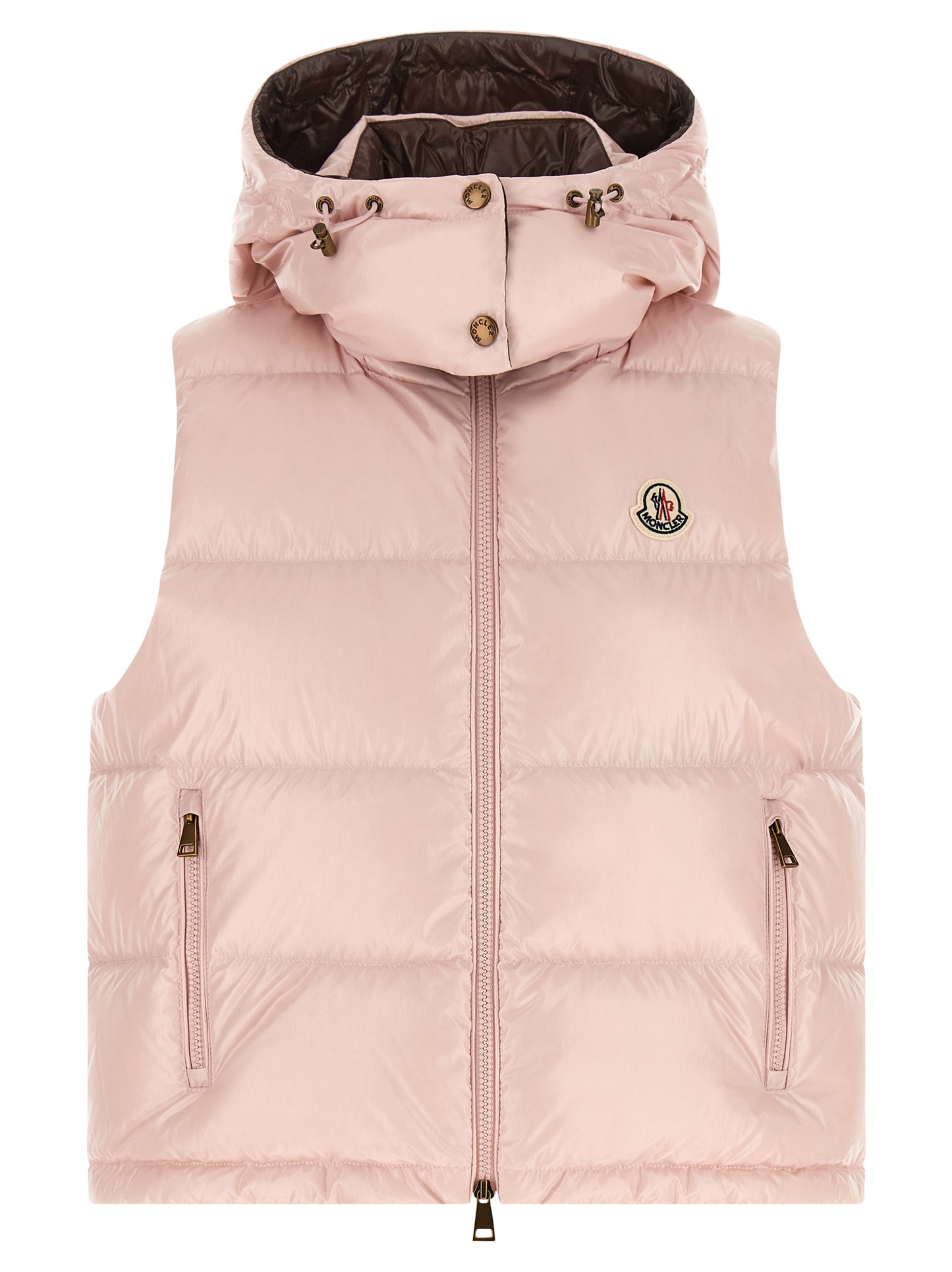 Hooded Vest by Moncler for women in polyamide felt multicolor, pink & signature features a stylish silhouette, showcasing distinct hooded and a refined hooded neckline for a truly stylish finish.