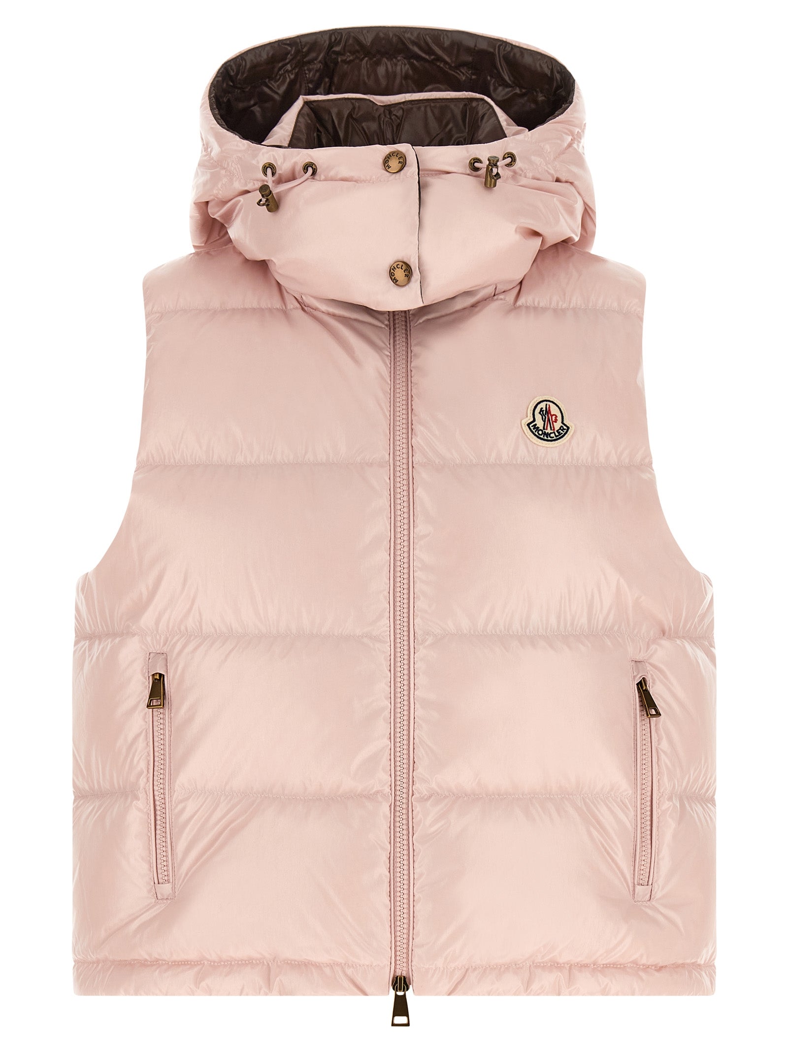 Hooded Vest by Moncler for women in polyamide felt multicolor, pink & signature features a stylish silhouette, showcasing distinct hooded and a refined hooded neckline for a truly stylish finish.