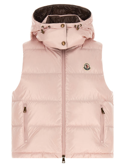 Hooded Vest by Moncler for women in polyamide felt multicolor, pink & signature features a stylish silhouette, showcasing distinct hooded and a refined hooded neckline for a truly stylish finish.