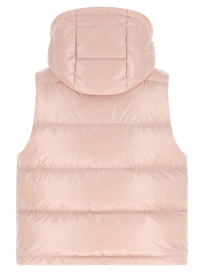 Hooded Vest by Moncler for women in polyamide felt multicolor, pink & signature showcases a utilitarian silhouette, artfully incorporating hooded and a utilitarian hooded neckline for a truly utilitarian finish.