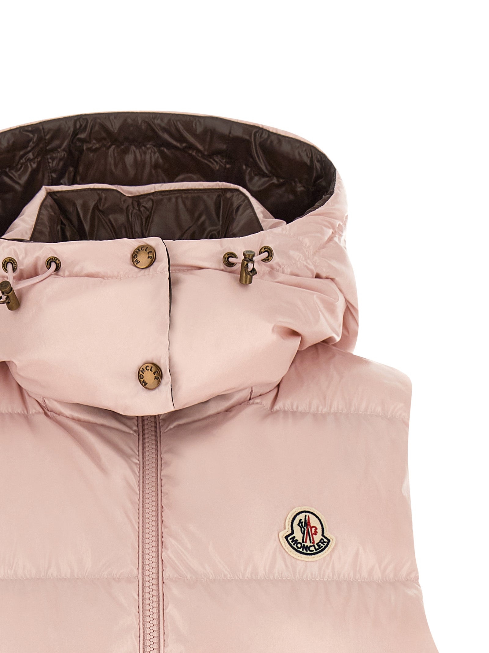 Hooded Vest by Moncler for women in polyamide felt multicolor, pink & signature features a chic silhouette, expertly detailed with a refined hooded neckline and premium hooded for a truly chic look.