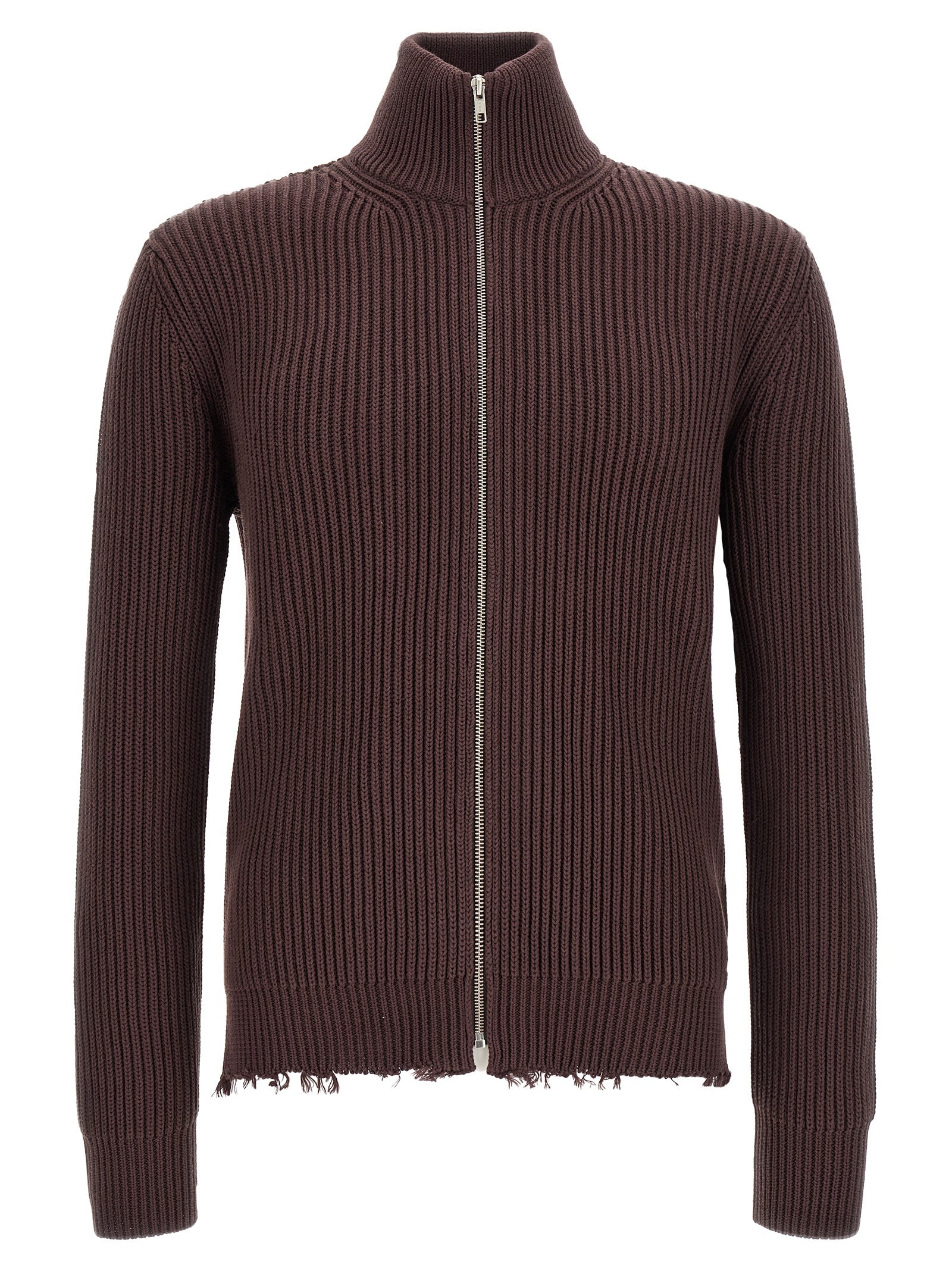 Cardigan by MM6 Maison Margiela for men in cotton brown, silver & white features an crisp silhouette, showcasing a sophisticated turtle high-neck neckline and detail for a truly crisp finish.