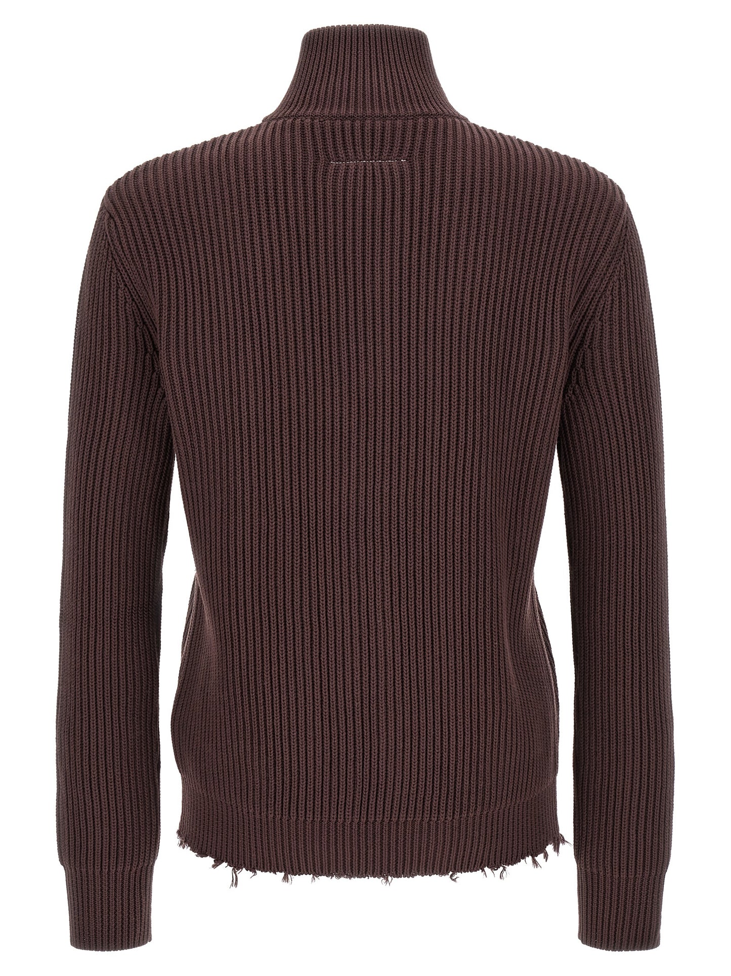 Cardigan by MM6 Maison Margiela for men in cotton brown, silver & white features a nuanced silhouette with a refined turtle high-neck neckline and nuanced detailing for a sophisticated look.