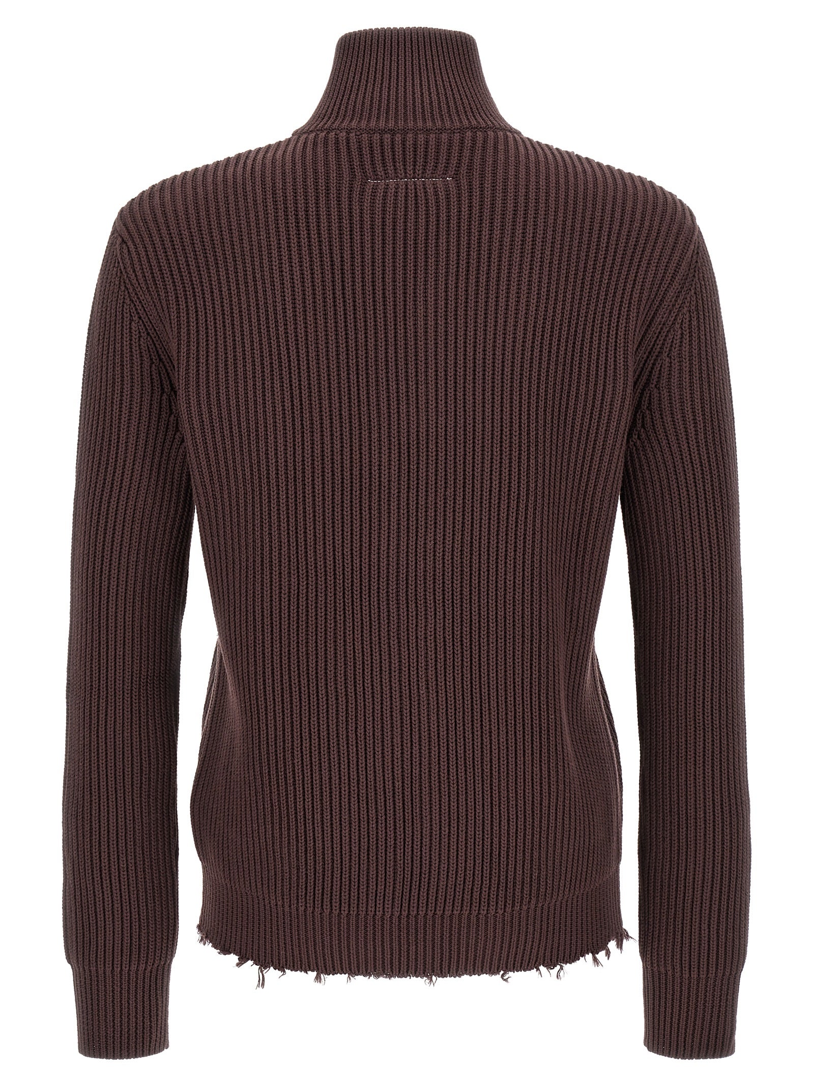 Cardigan by MM6 Maison Margiela for men in cotton brown, silver & white features a nuanced silhouette with a refined turtle high-neck neckline and nuanced detailing for a sophisticated look.