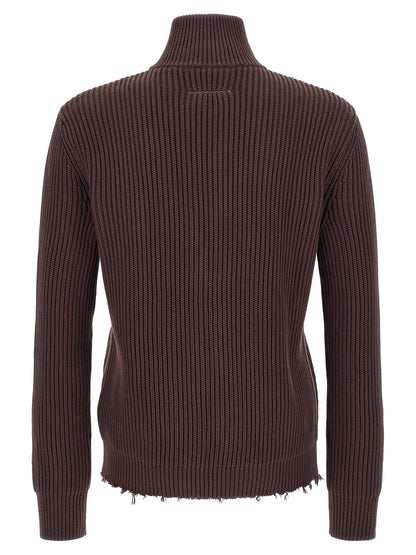 Cardigan by MM6 Maison Margiela for men in cotton brown, silver & white features a nuanced silhouette with a refined turtle high-neck neckline and nuanced detailing for a sophisticated look.