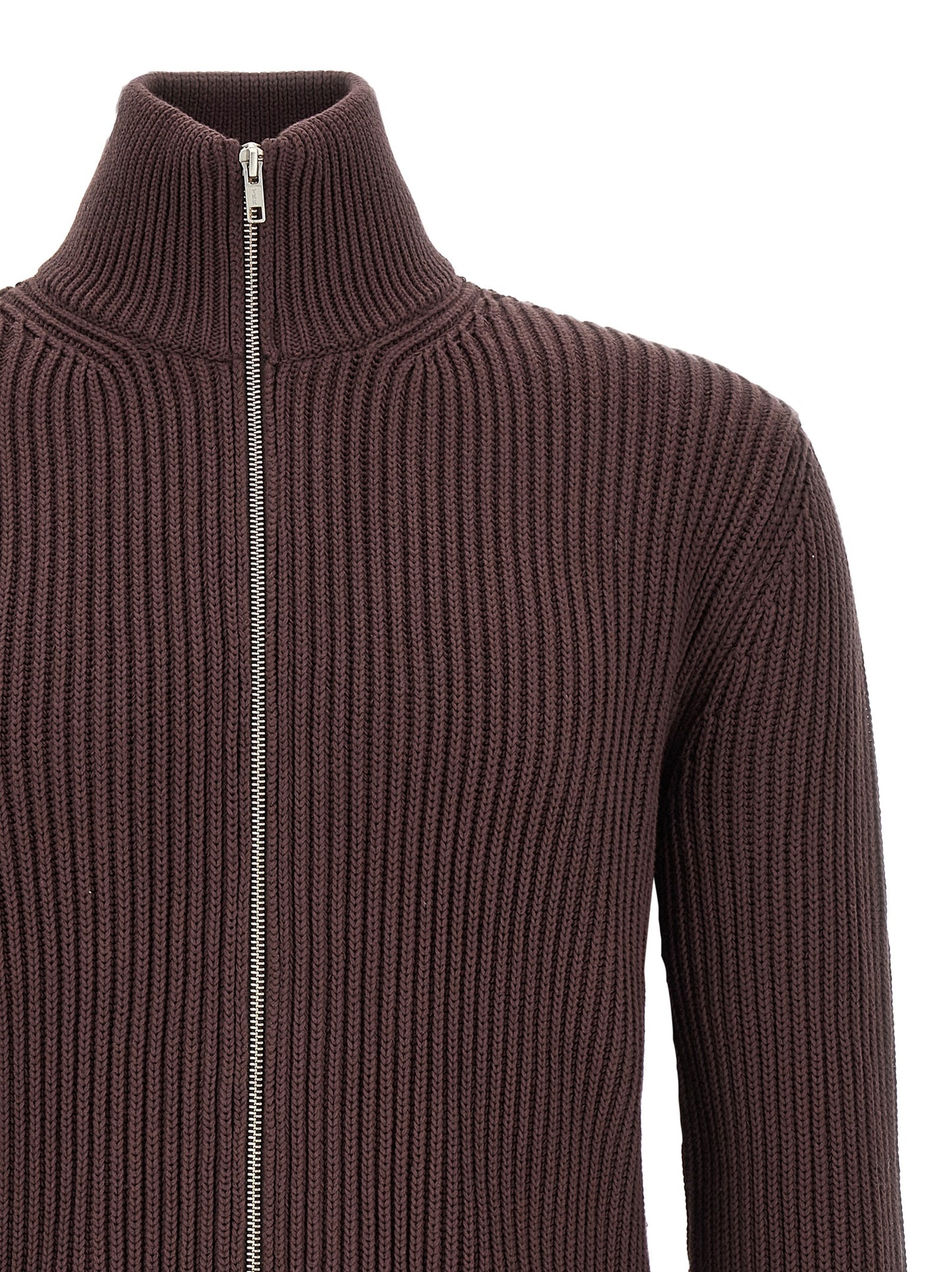 Cardigan by MM6 Maison Margiela for men in cotton brown, silver & white showcases a captivating silhouette, artfully detailed with a captivating and turtle high-neck neckline for a truly sophisticated captivating look.