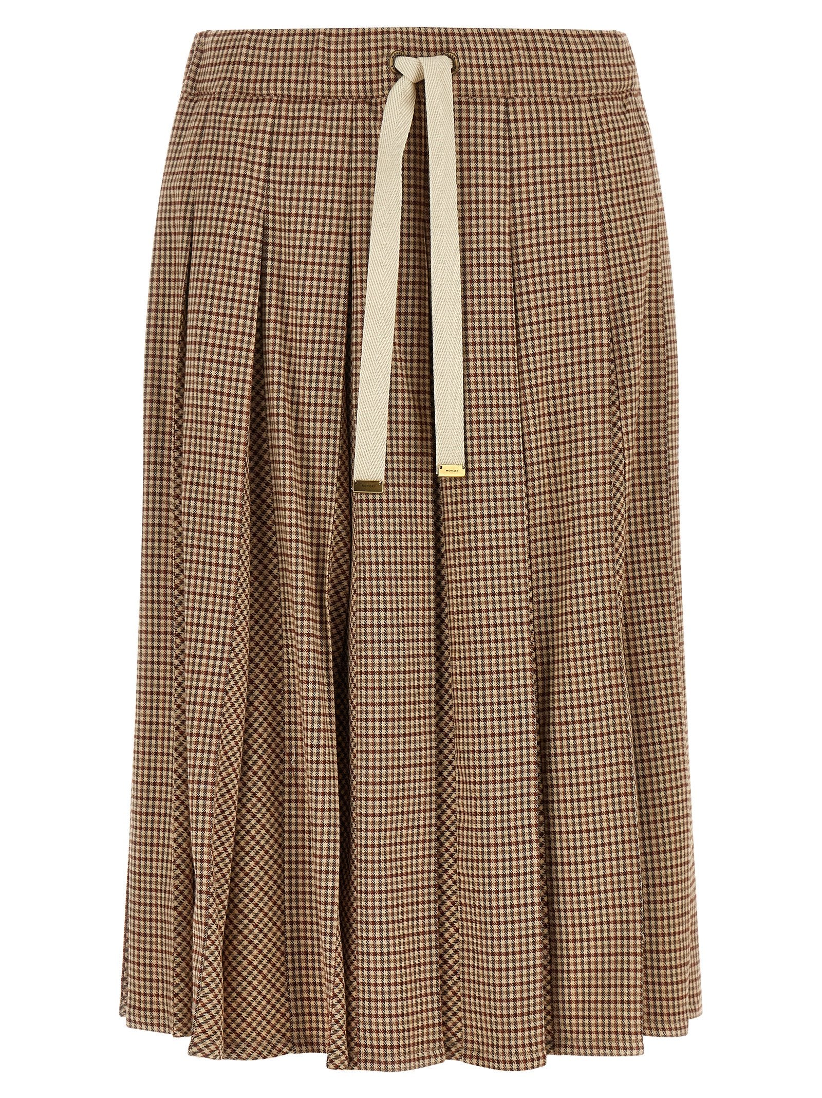 Skirt by Moncler for women in viscose & virgin wool beige, brown, gold & patterned features a captivating silhouette, showcasing the captivating Ribbon Women's Pleated Viscose & Virgin Wool Midi Skirt design with a sophisticated midi for a captivating look.