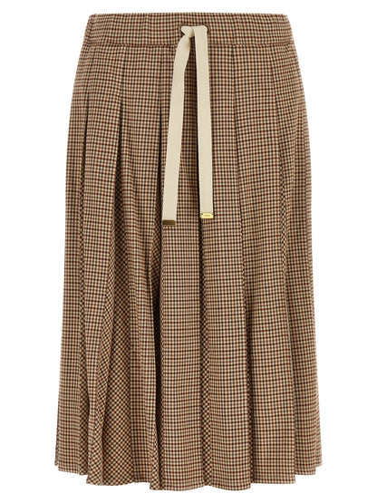 Skirt by Moncler for women in viscose & virgin wool beige, brown, gold & patterned features a captivating silhouette, showcasing the captivating Ribbon Women's Pleated Viscose & Virgin Wool Midi Skirt design with a sophisticated midi for a captivating look.