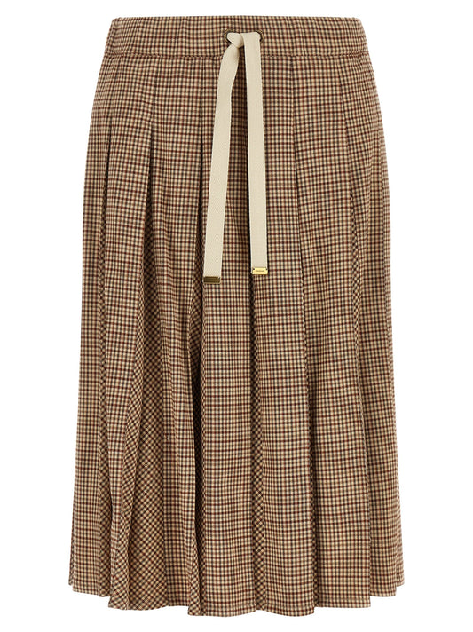 Skirt by Moncler for women in viscose & virgin wool beige, brown, gold & patterned features a captivating silhouette, showcasing the captivating Ribbon Women's Pleated Viscose & Virgin Wool Midi Skirt design with a sophisticated midi for a captivating look.