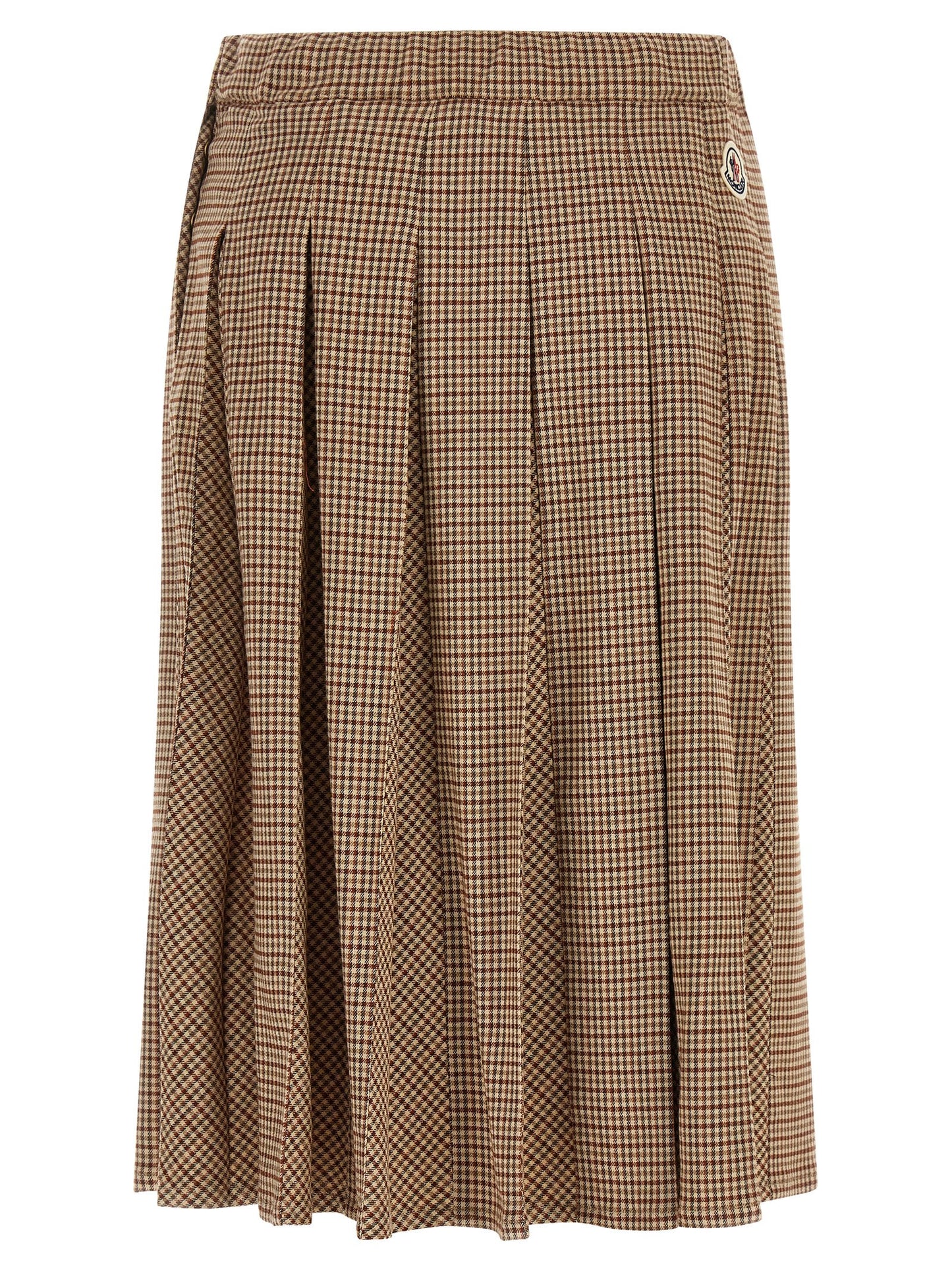 Skirt by Moncler for women in viscose & virgin wool beige, brown, gold & patterned showcases a dramatic silhouette, artfully capturing the essence of the Ribbon Women's Pleated Viscose & Virgin Wool Midi Skirt in a dramatic midi cut for a refined look.