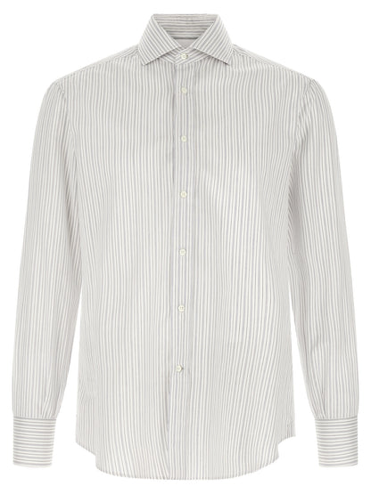 Shirt by Brunello Cucinelli for men in cotton blue & striped, featuring a nuanced and nuanced for a sophisticated finish.