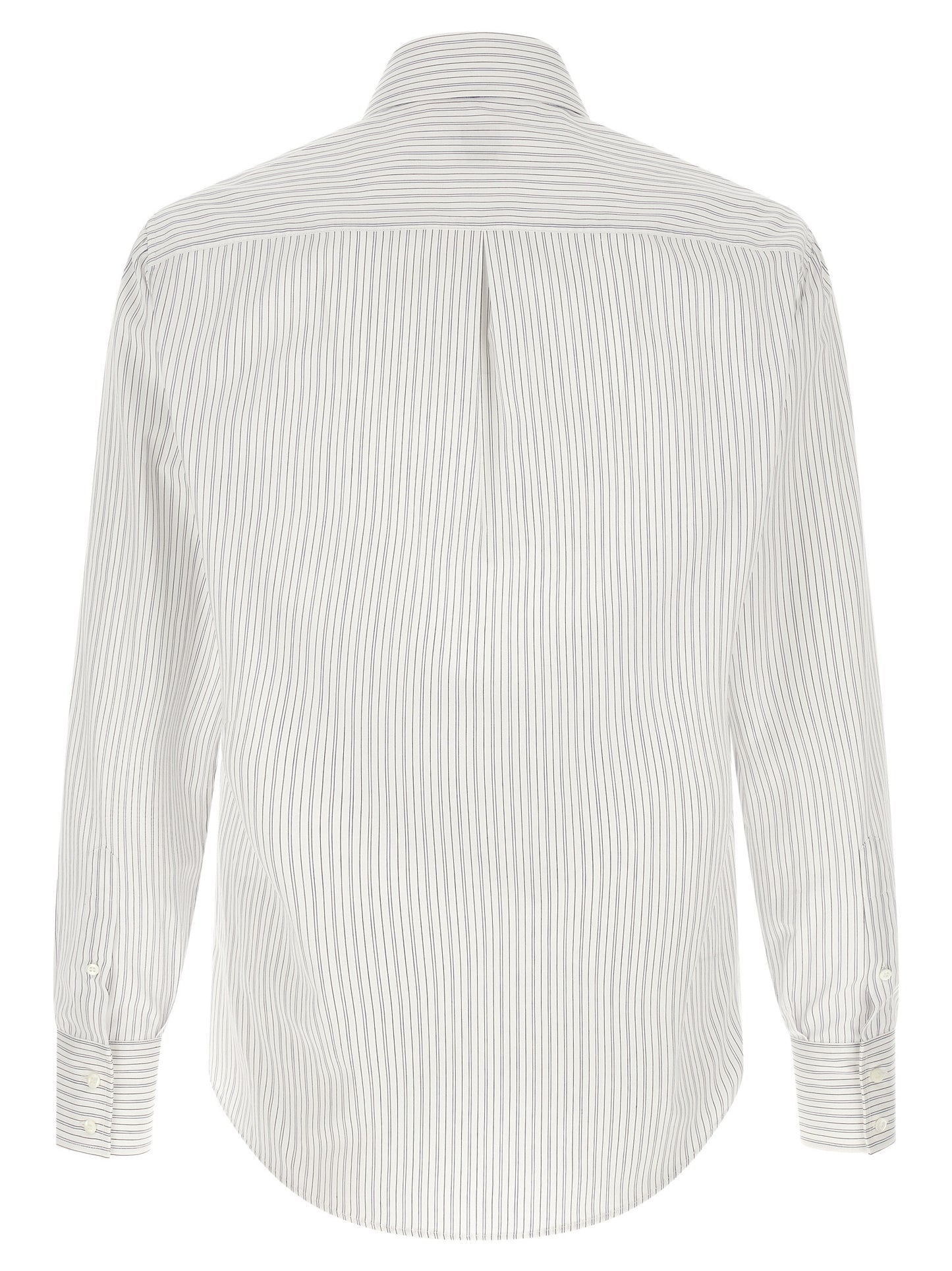 Shirt by Brunello Cucinelli for men in cotton blue & striped showcases a sharp silhouette, elegantly detailed with a sharp and sharp .