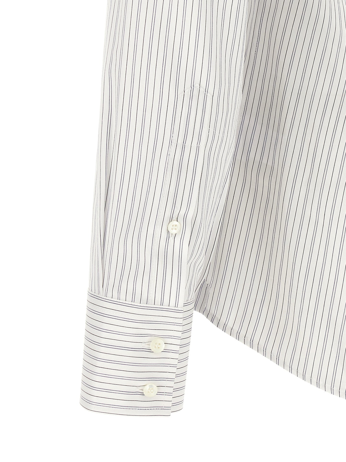 Shirt by Brunello Cucinelli for men in cotton blue & striped showcases a sharp silhouette, elegantly detailed with a sharp and sharp .