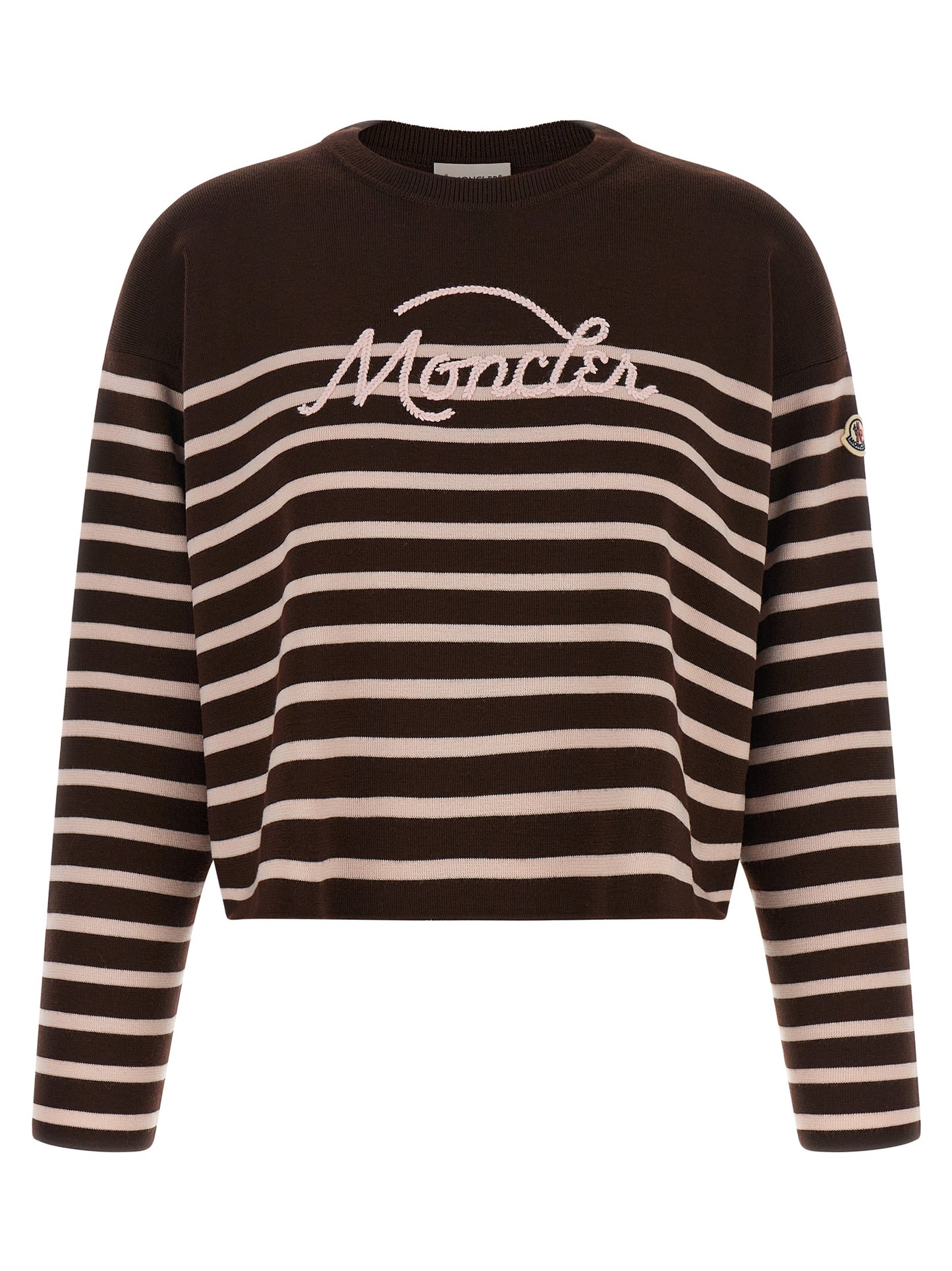 Cardigan by Moncler for women in virgin wool felt brown, pink, white & striped showcases a luxurious silhouette, meticulously detailed with a sophisticated crew neckline and for a refined finish.