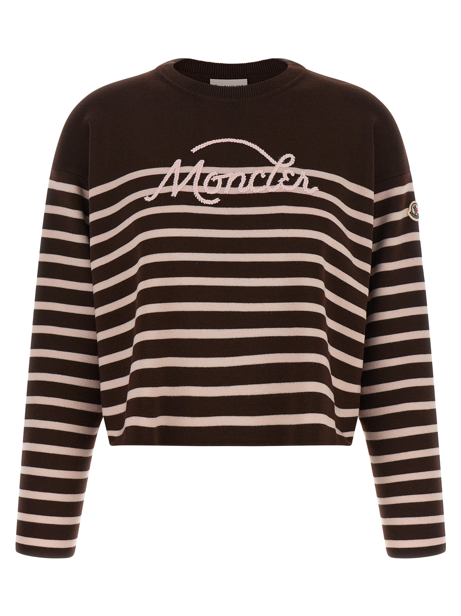 Cardigan by Moncler for women in virgin wool felt brown, pink, white & striped showcases a luxurious silhouette, meticulously detailed with a sophisticated crew neckline and for a refined finish.