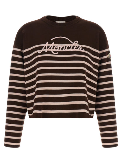 Cardigan by Moncler for women in virgin wool felt brown, pink, white & striped showcases a luxurious silhouette, meticulously detailed with a sophisticated crew neckline and for a refined finish.