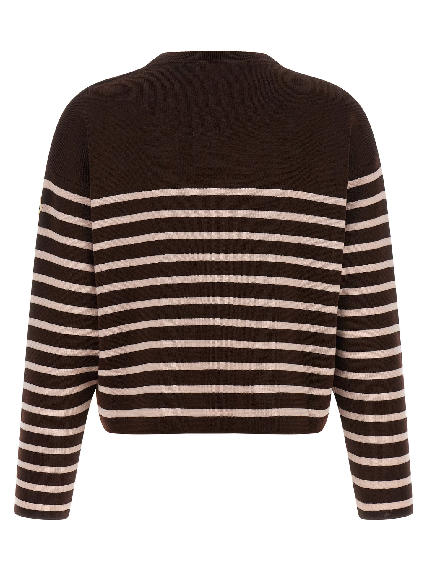 Cardigan by Moncler for women in virgin wool felt brown, pink, white & striped features an crisp silhouette, showcasing a sophisticated crew neckline and detail for a truly crisp finish.