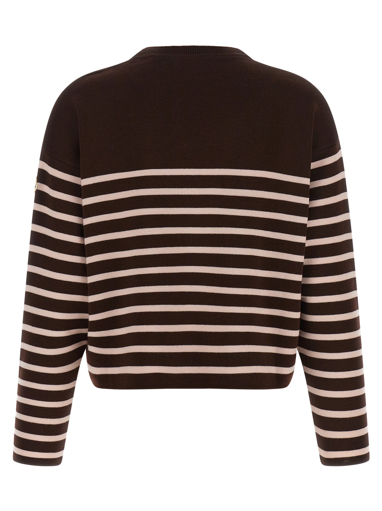 Cardigan by Moncler for women in virgin wool felt brown, pink, white & striped features an crisp silhouette, showcasing a sophisticated crew neckline and detail for a truly crisp finish.