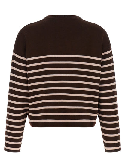 Cardigan by Moncler for women in virgin wool felt brown, pink, white & striped features an crisp silhouette, showcasing a sophisticated crew neckline and detail for a truly crisp finish.