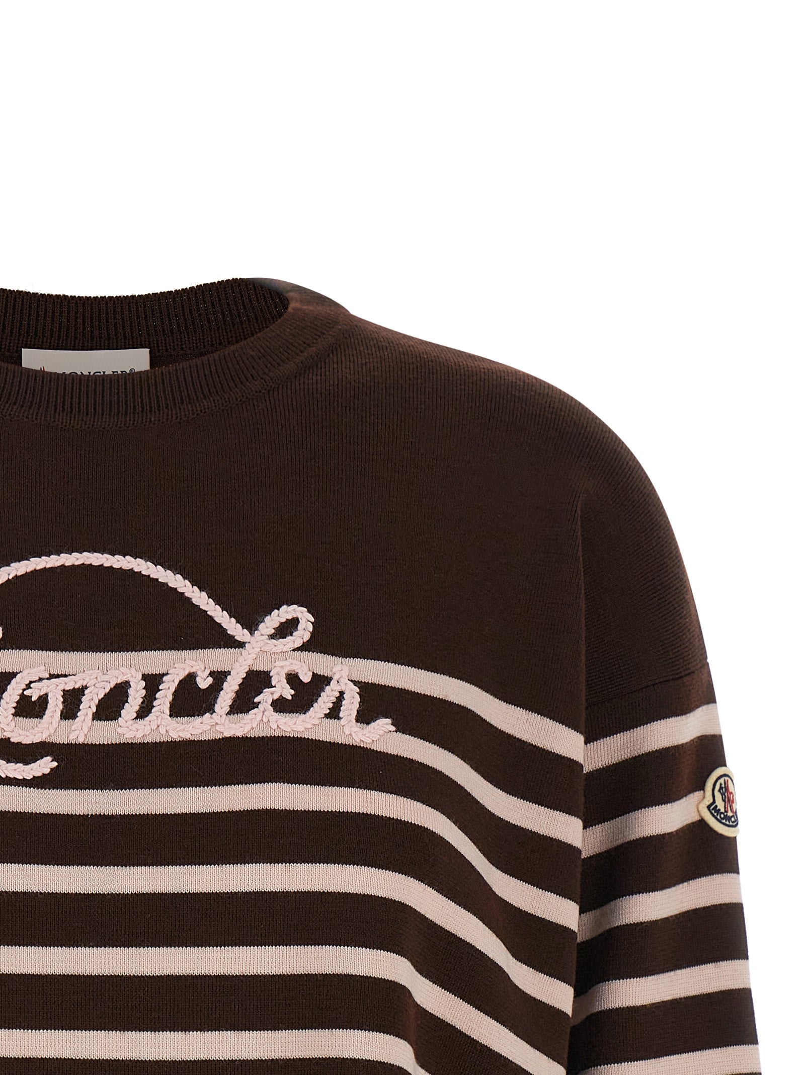 Cardigan by Moncler for women in virgin wool felt brown, pink, white & striped features an impeccable silhouette, showcasing a sophisticated crew neckline and detail for a truly impeccable finish.