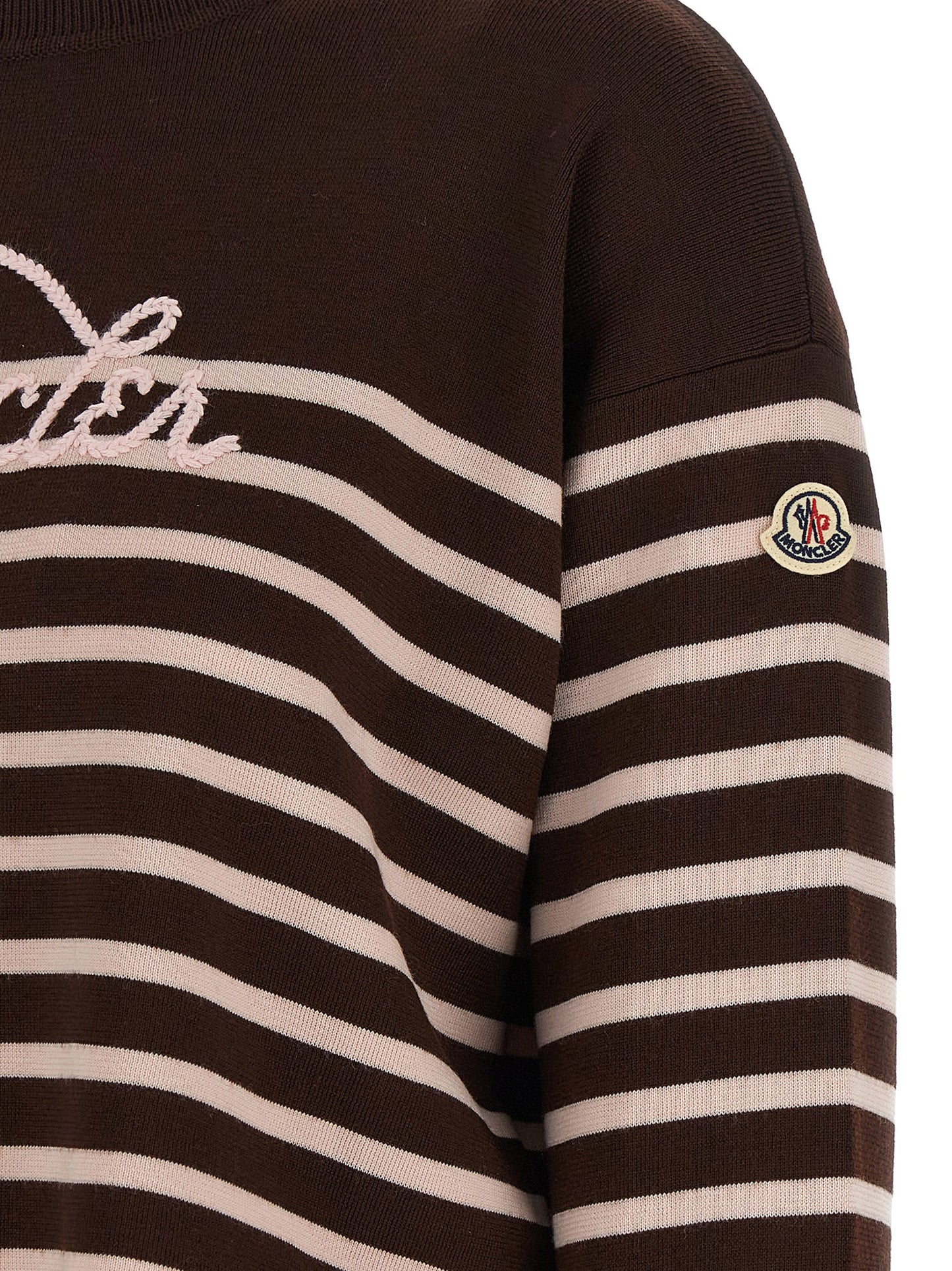 Cardigan by Moncler for women in virgin wool felt brown, pink, white & striped showcases a captivating silhouette, artfully detailed with a captivating and for a truly sophisticated captivating look.