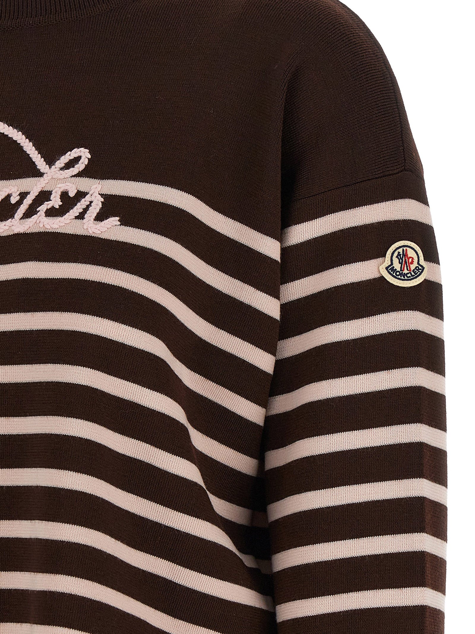 Cardigan by Moncler for women in virgin wool felt brown, pink, white & striped showcases a captivating silhouette, artfully detailed with a captivating and for a truly sophisticated captivating look.