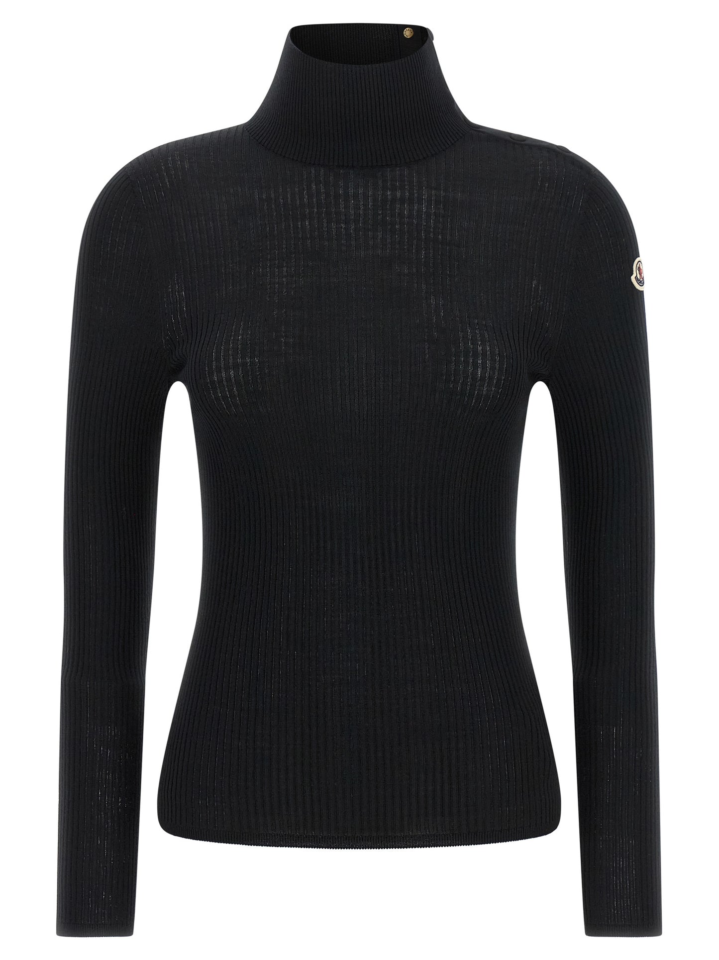 Cardigan by Moncler for women in virgin wool felt black, gold & striped features a nuanced silhouette with a refined turtle high-neck neckline and nuanced detailing for a sophisticated look.
