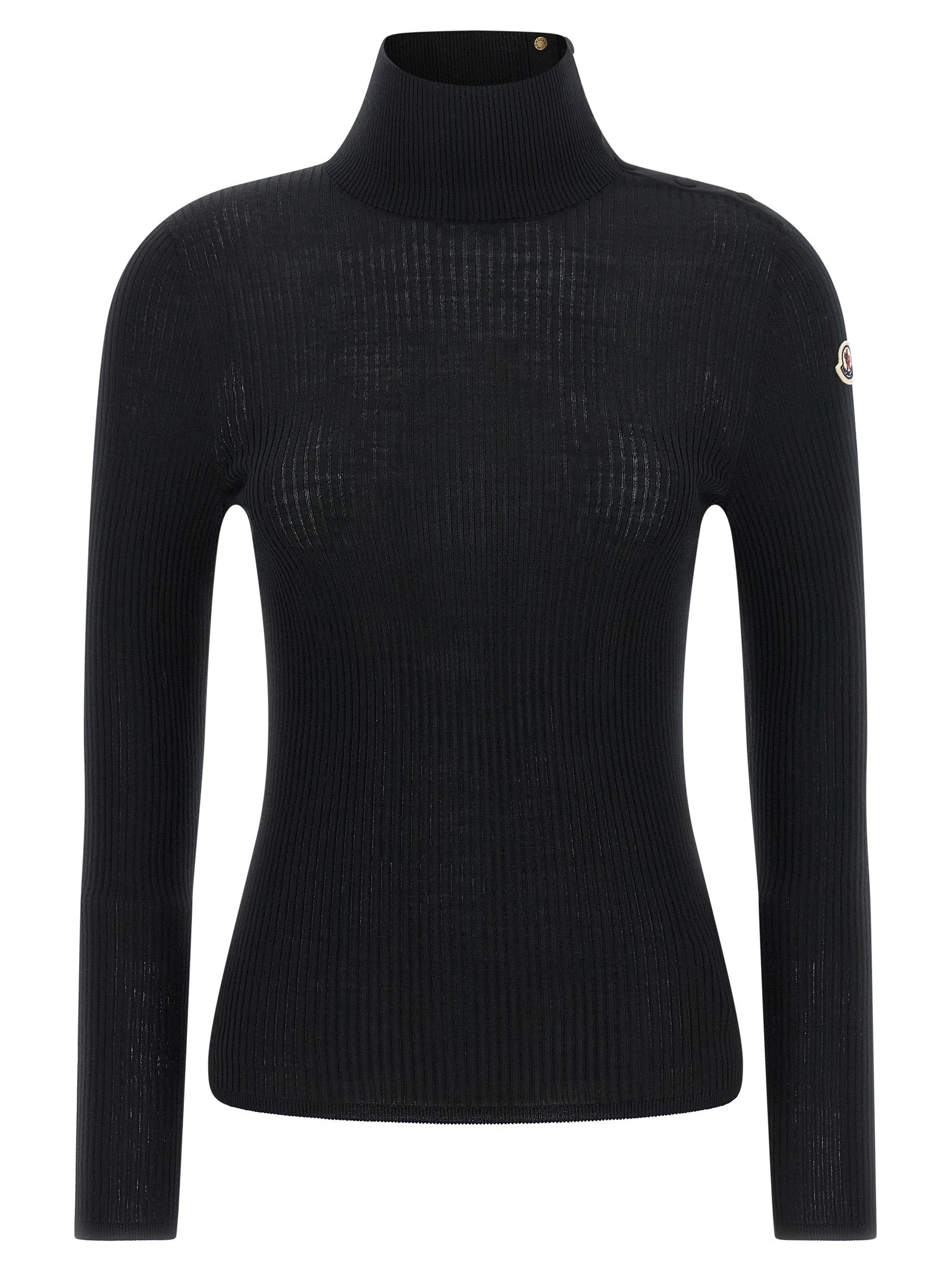 Cardigan by Moncler for women in virgin wool felt black, gold & striped features a nuanced silhouette with a refined turtle high-neck neckline and nuanced detailing for a sophisticated look.