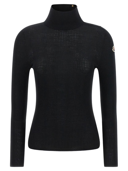 Cardigan by Moncler for women in virgin wool felt black, gold & striped features a nuanced silhouette with a refined turtle high-neck neckline and nuanced detailing for a sophisticated look.