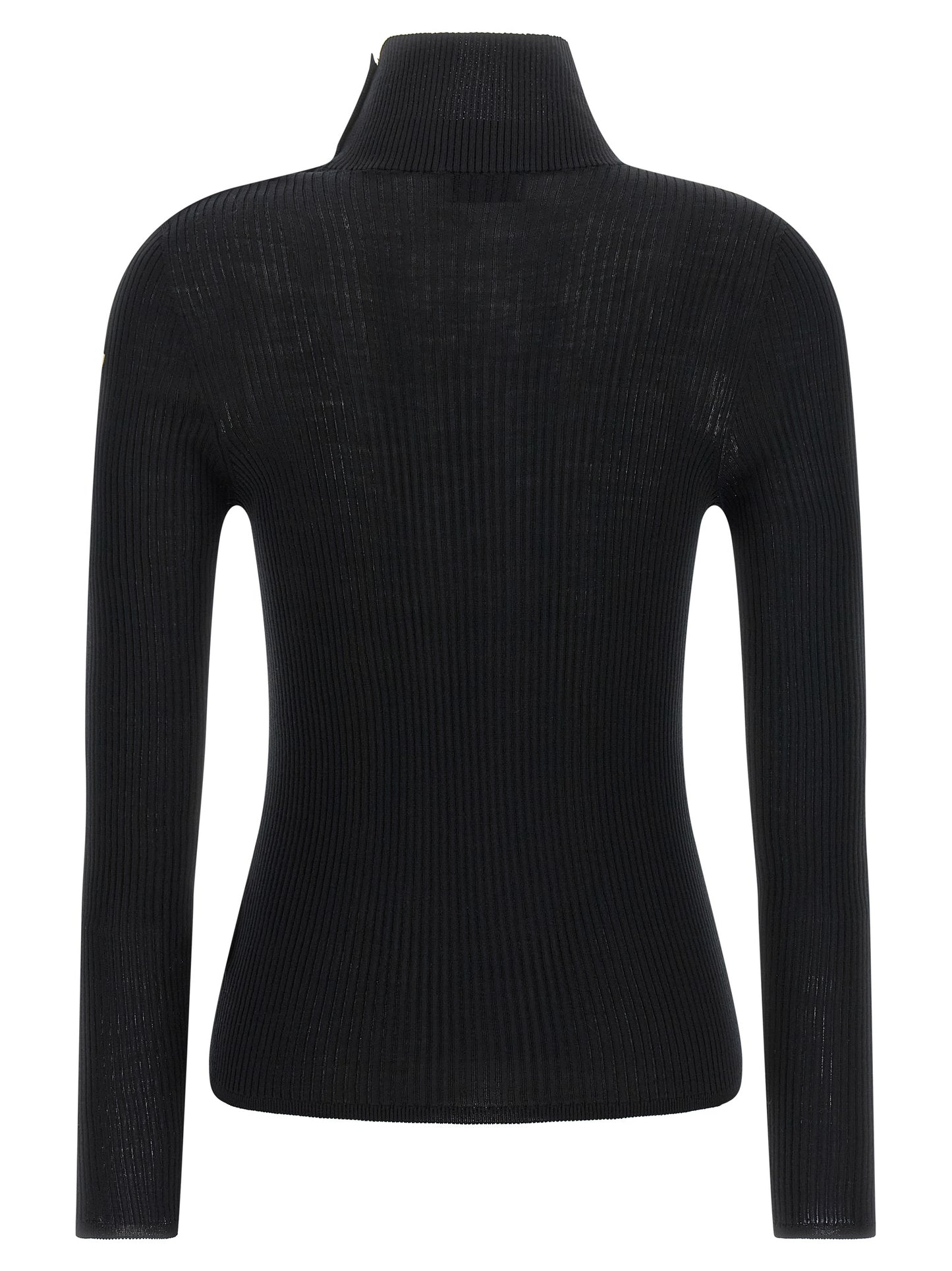 Cardigan by Moncler for women in virgin wool felt black, gold & striped showcases a luxurious silhouette, meticulously detailed with a sophisticated turtle high-neck neckline and for a refined finish.