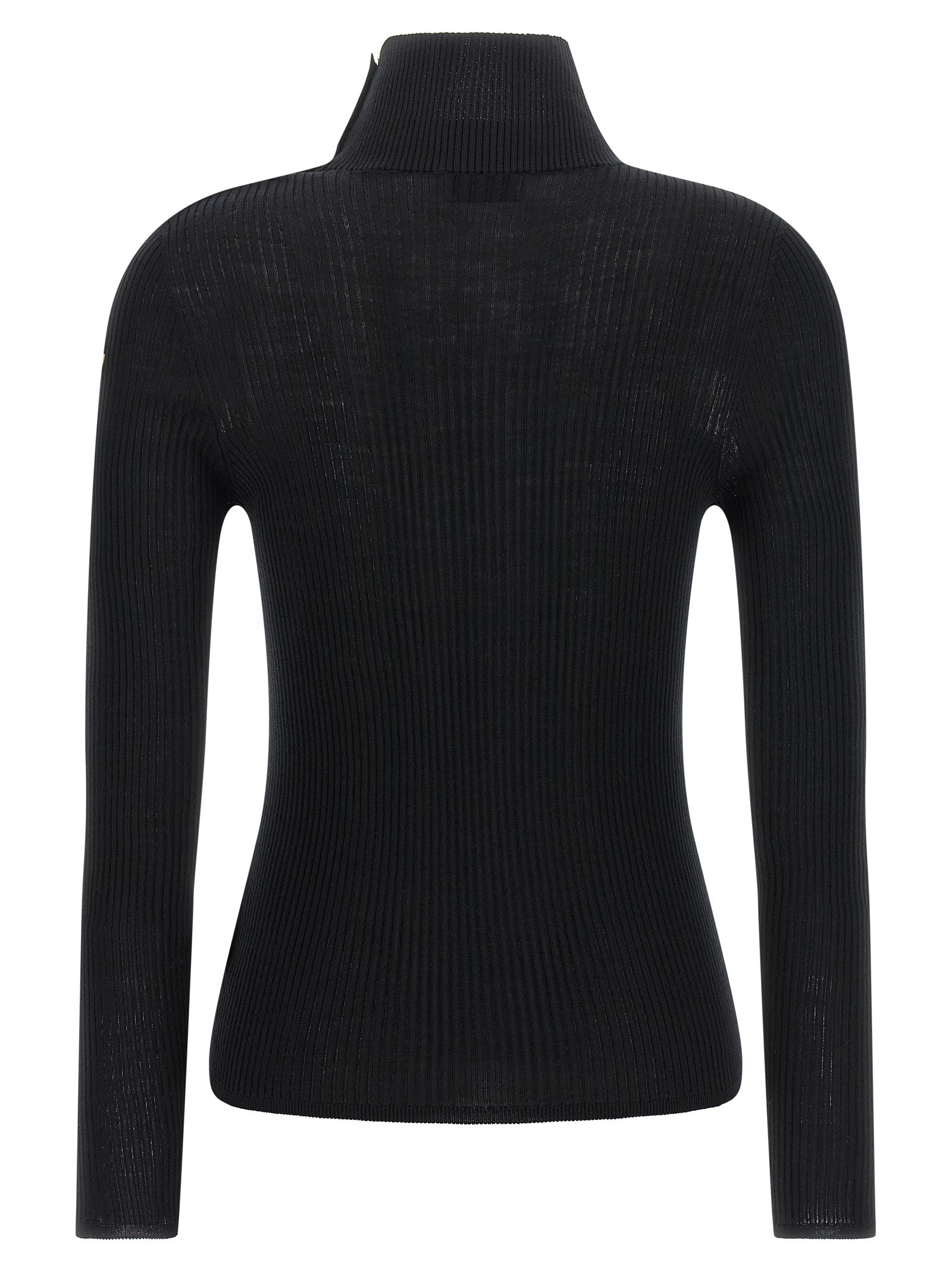 Cardigan by Moncler for women in virgin wool felt black, gold & striped showcases a luxurious silhouette, meticulously detailed with a sophisticated turtle high-neck neckline and for a refined finish.