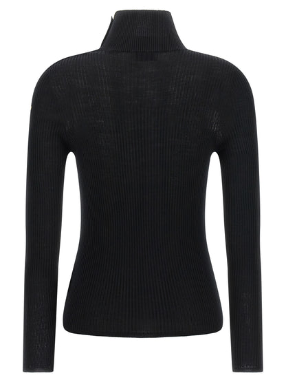 Cardigan by Moncler for women in virgin wool felt black, gold & striped showcases a luxurious silhouette, meticulously detailed with a sophisticated turtle high-neck neckline and for a refined finish.