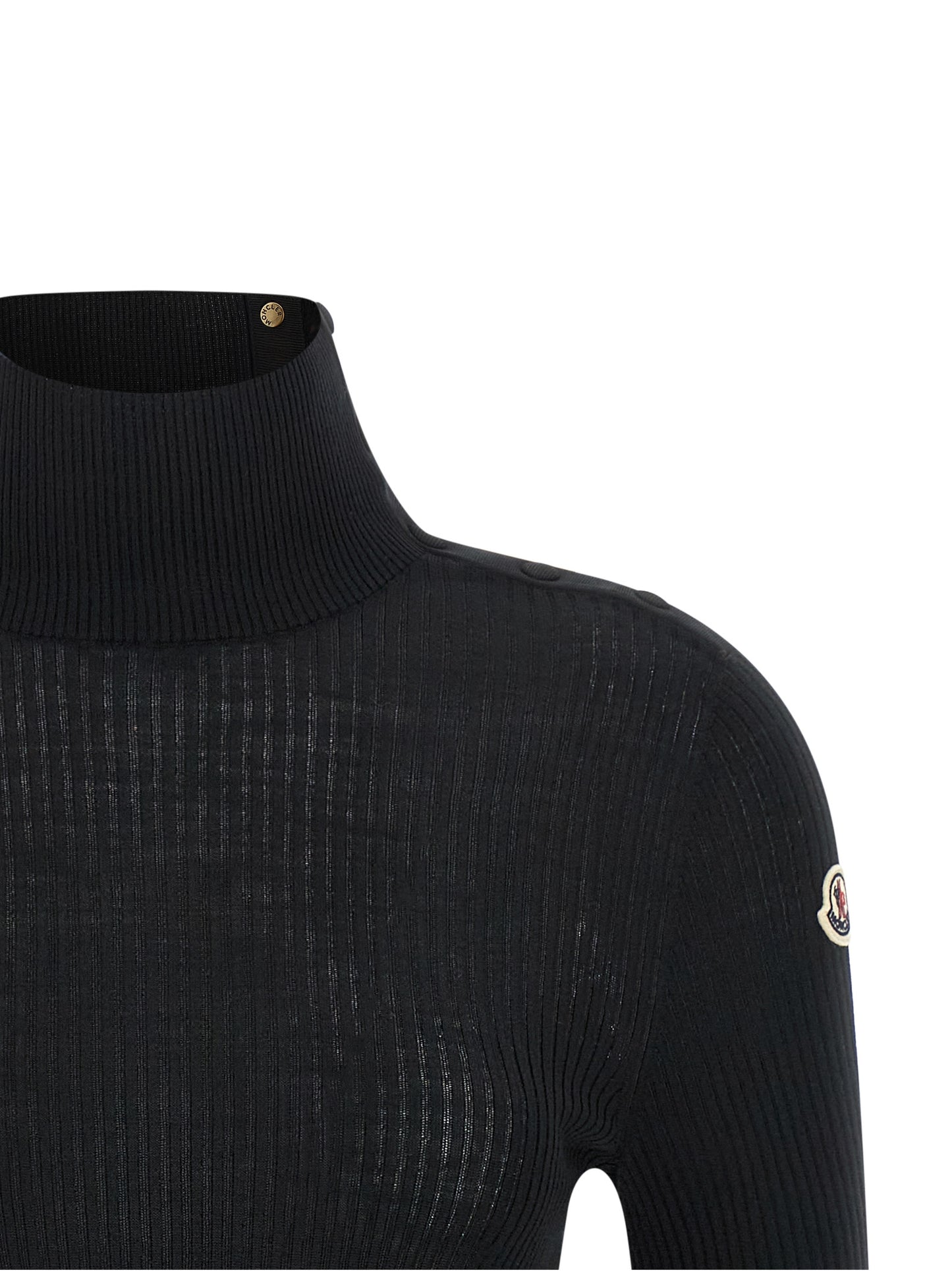 Cardigan by Moncler for women in virgin wool felt black, gold & striped showcases a captivating silhouette, artfully detailed with a captivating and turtle high-neck neckline for a truly sophisticated captivating look.