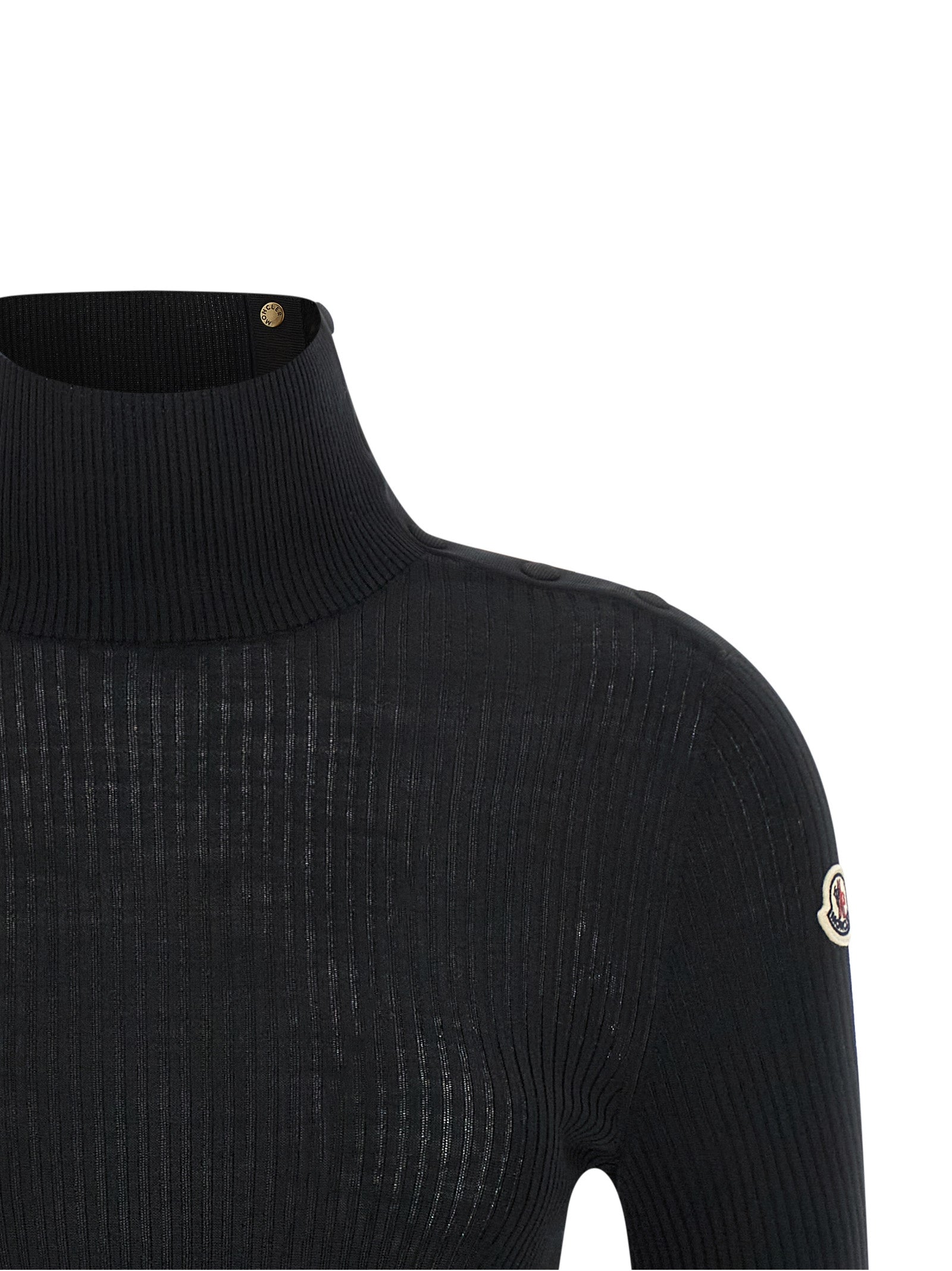 Cardigan by Moncler for women in virgin wool felt black, gold & striped showcases a captivating silhouette, artfully detailed with a captivating and turtle high-neck neckline for a truly sophisticated captivating look.
