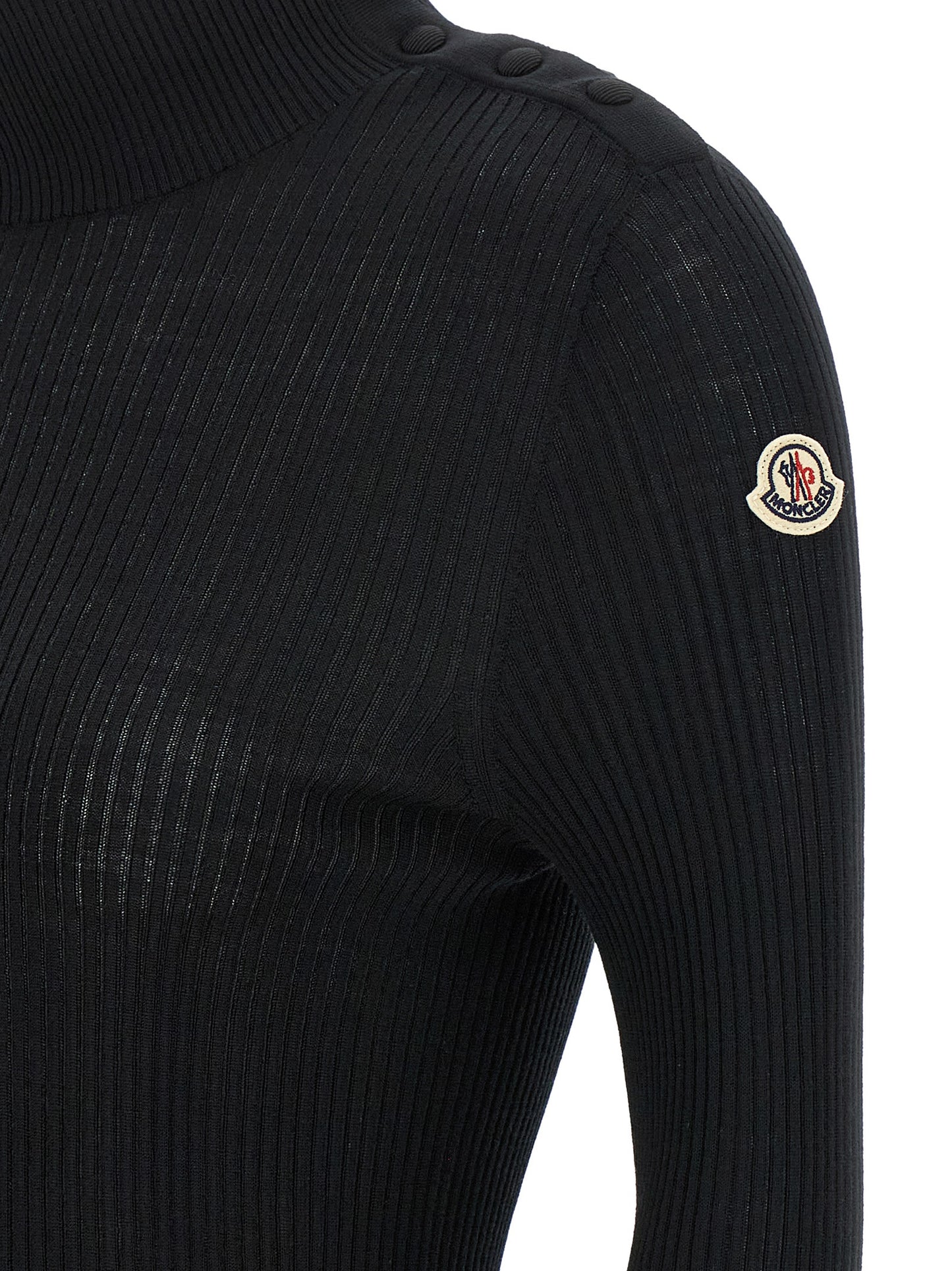 Cardigan by Moncler for women in virgin wool felt black, gold & striped features an crisp silhouette, showcasing a sophisticated turtle high-neck neckline and detail for a truly crisp finish.