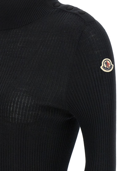 Cardigan by Moncler for women in virgin wool felt black, gold & striped features an crisp silhouette, showcasing a sophisticated turtle high-neck neckline and detail for a truly crisp finish.
