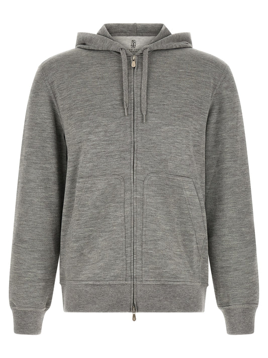 Sweatshirt Hoodie by Brunello Cucinelli for men in cashmere silk & polyamide gray features an luminous silhouette, showcasing a sophisticated hooded neckline and for a truly luminous look.