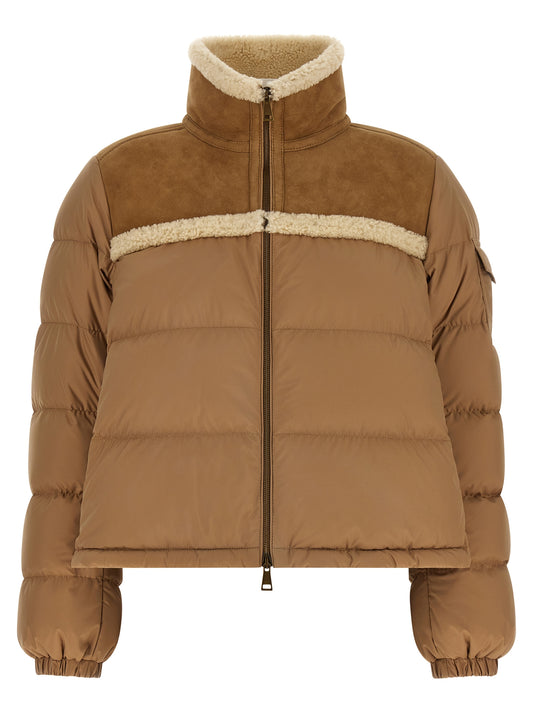Puffer Jacket by Moncler for women in felt polyester & suede leather beige showcases a bohemian silhouette, artfully detailed with a bohemian high-neck neckline and signature pockets & insulated for a truly bohemian finish.