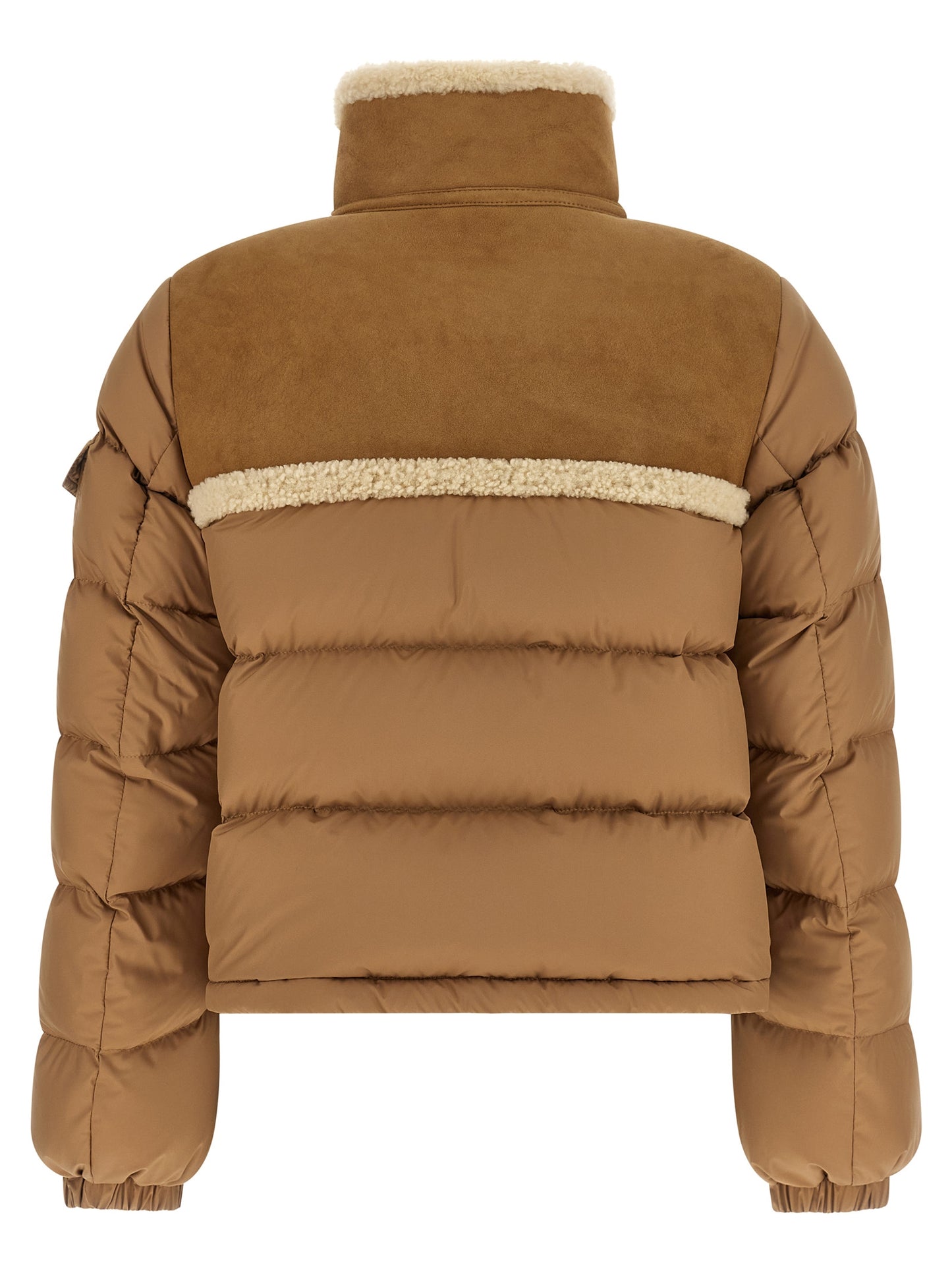 Puffer Jacket by Moncler for women in polyester suede leather beige features a dramatic silhouette, showcasing a sophisticated high-neck neckline and distinctive pockets & insulated for a dramatic aesthetic.