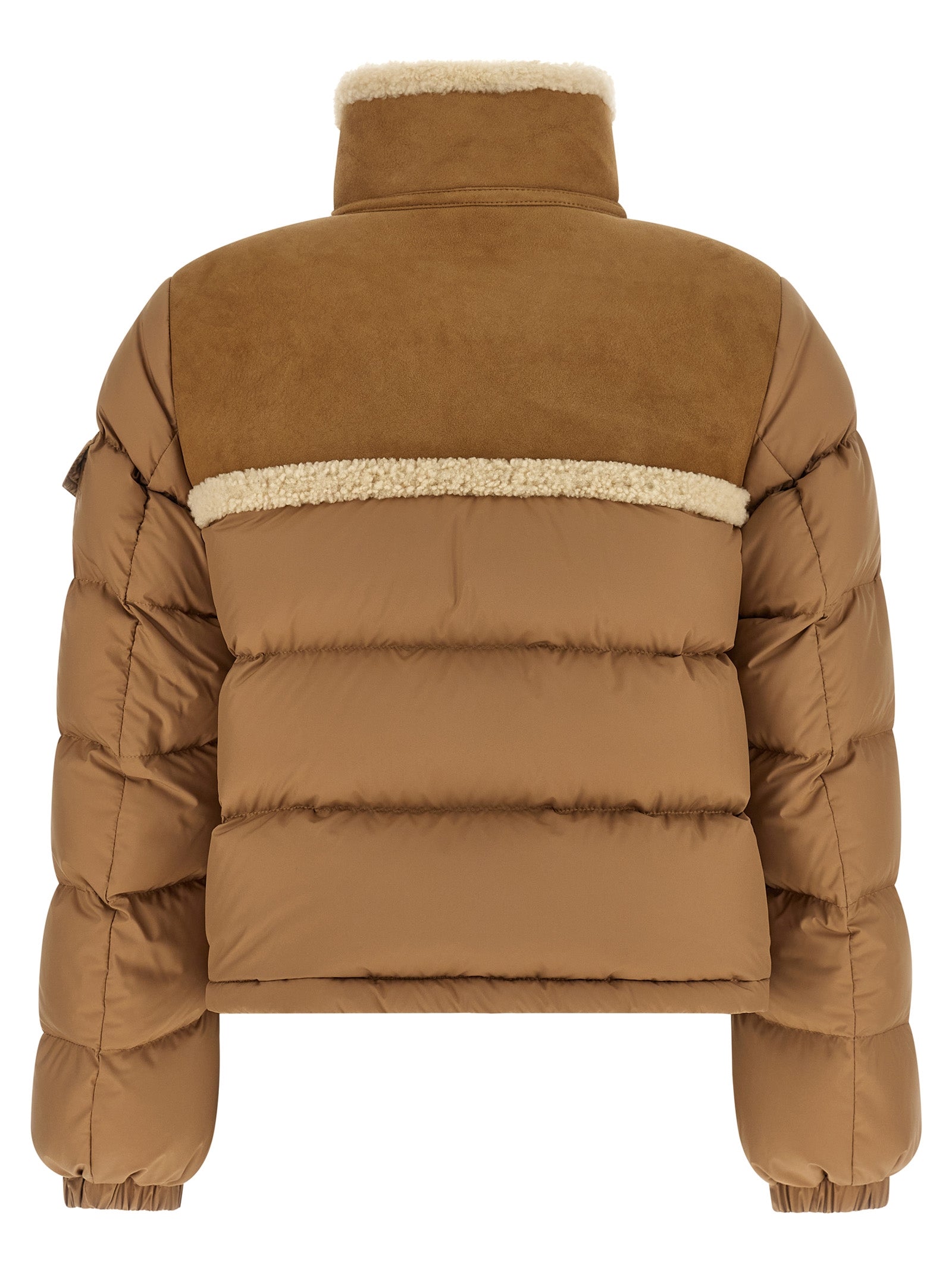 Puffer Jacket by Moncler for women in polyester suede leather beige features a dramatic silhouette, showcasing a sophisticated high-neck neckline and distinctive pockets & insulated for a dramatic aesthetic.