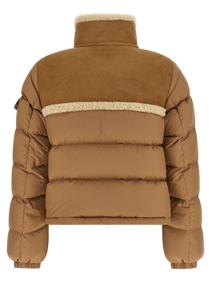 Puffer Jacket by Moncler for women in polyester suede leather beige features a dramatic silhouette, showcasing a sophisticated high-neck neckline and distinctive pockets & insulated for a dramatic aesthetic.